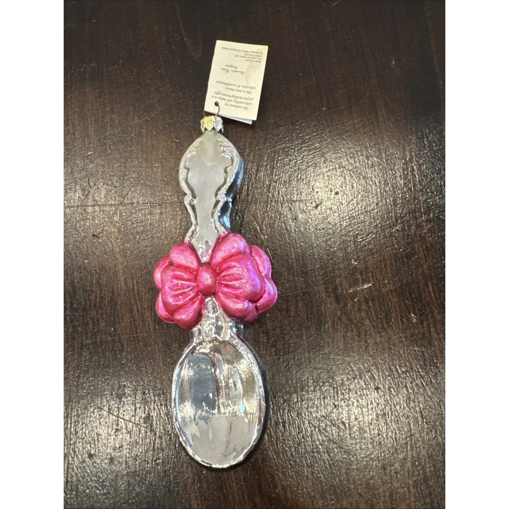 Christopher Radko Loving Spoon Baby  Christmas Ornament Silver Spoon Pink‎ Bow